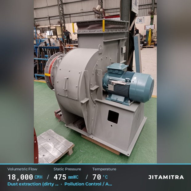 Backward-curved fan built by Jitamitra for dust extraction in pollution control OEMs, 18,000 CMH at 475 mmWC and 70 °C