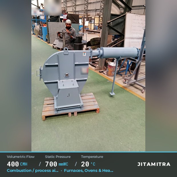 Backward-curved fan built by Jitamitra for combustion and process air, 400 CMH at 700 mmWC and 20 °C