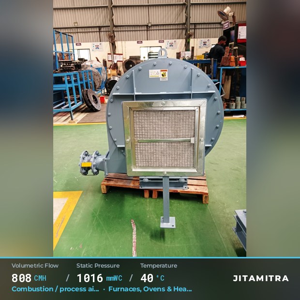 Backward-curved fan built by Jitamitra for combustion and process air, 808 CMH at 1,016 mmWC and 40 °C