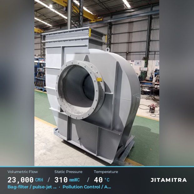 Backward-curved fan built by Jitamitra for bag-filter draught in pollution control OEMs, 23,000 CMH at 310 mmWC and 40 °C