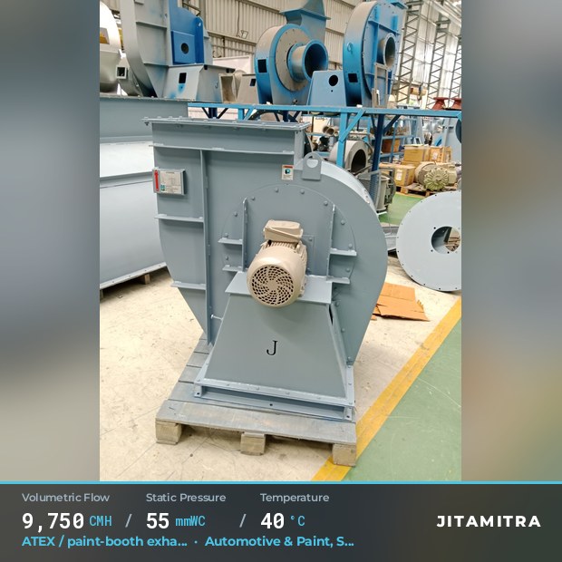 Backward-curved fan built by Jitamitra for ATEX paint-booth exhaust in automotive paint shops, 9,750 CMH at 55 mmWC and 40 °C
