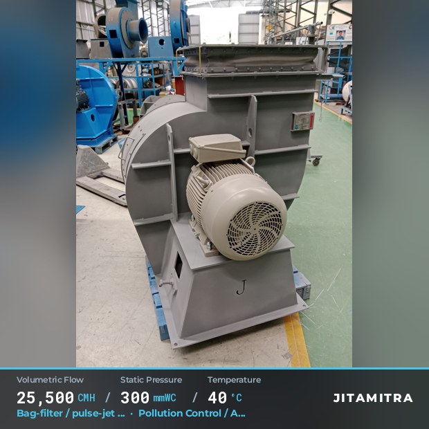Backward-curved fan built by Jitamitra for bag-filter draught in pollution control OEMs, 25,500 CMH at 300 mmWC and 40 °C
