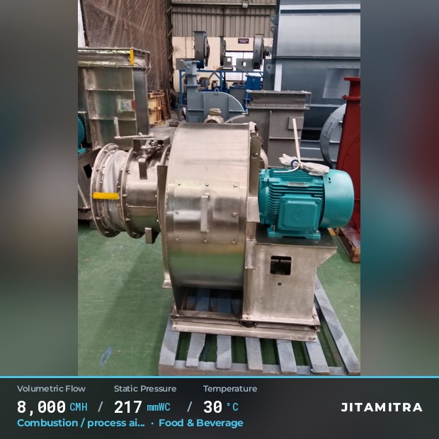 Backward-curved fan built by Jitamitra for combustion and process air, 8,000 CMH at 217 mmWC and 30 °C