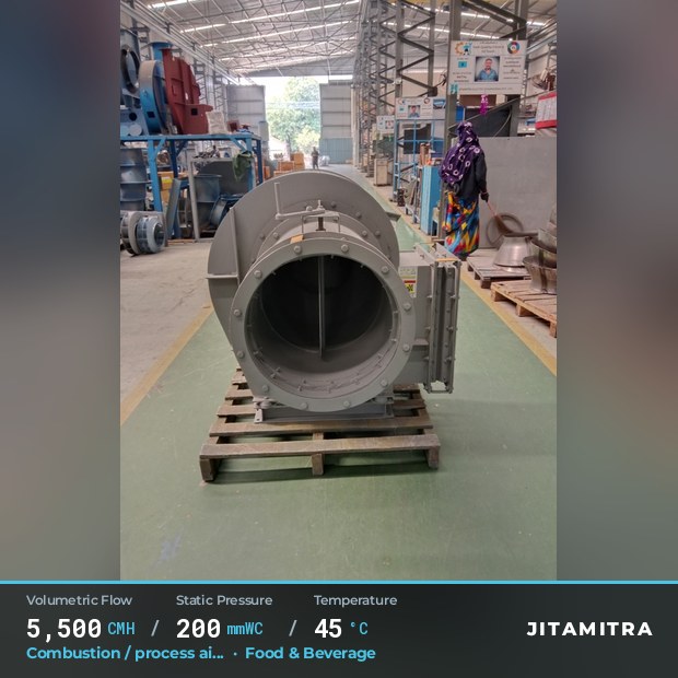 Backward-curved fan built by Jitamitra for combustion and process air, 5,500 CMH at 200 mmWC and 45 °C