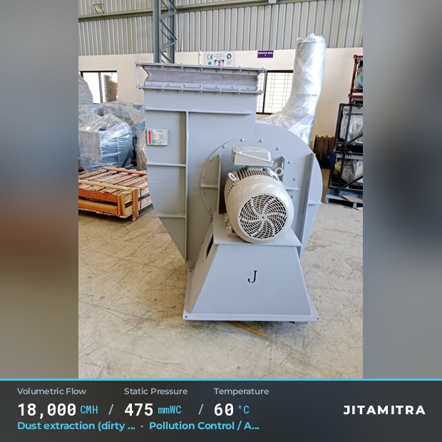 Backward-curved fan built by Jitamitra for dust extraction in pollution control OEMs, 18,000 CMH at 475 mmWC and 60 °C