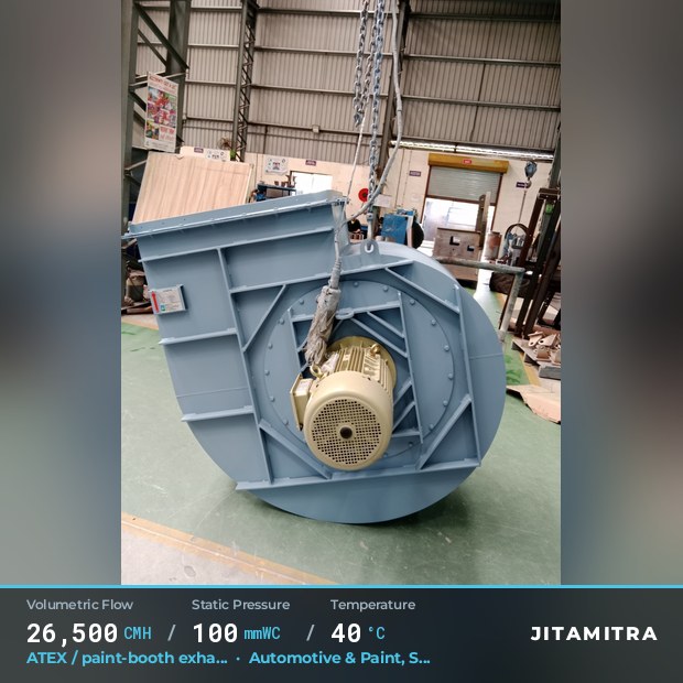 Backward-curved fan built by Jitamitra for ATEX paint-booth exhaust, 26,500 CMH at 100 mmWC and 40 °C