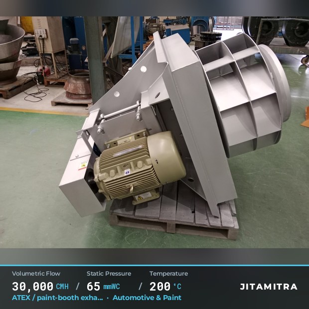 Backward-curved fan built by Jitamitra for ATEX paint-booth exhaust, 30,000 CMH at 65 mmWC and 200 °C
