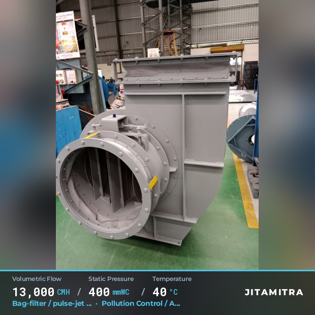 Backward-curved fan built by Jitamitra for bag-filter draught in pollution control OEMs, 13,000 CMH at 400 mmWC and 40 °C