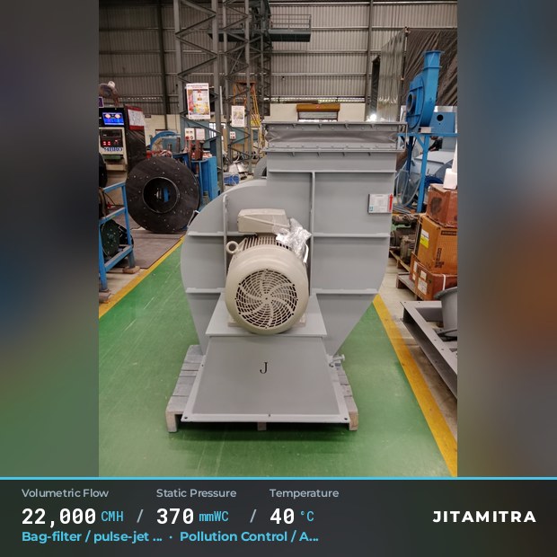 Backward-curved fan built by Jitamitra for bag-filter draught in pollution control OEMs, 22,000 CMH at 370 mmWC and 40 °C
