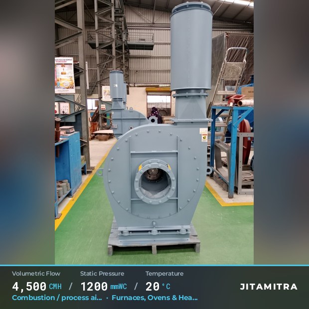 Backward-curved fan built by Jitamitra for combustion and process air, 4,500 CMH at 1,200 mmWC and 20 °C
