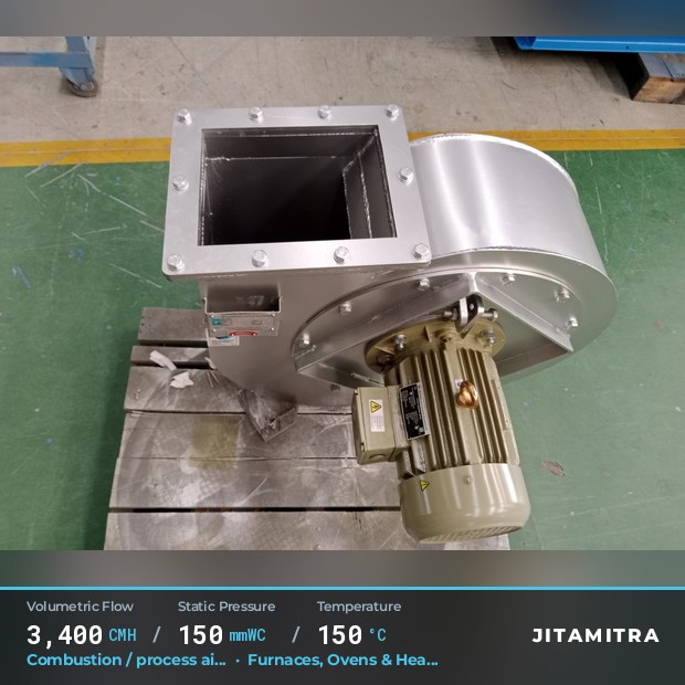Backward-curved fan built by Jitamitra for combustion and process air, 3,400 CMH at 150 mmWC and 150 °C