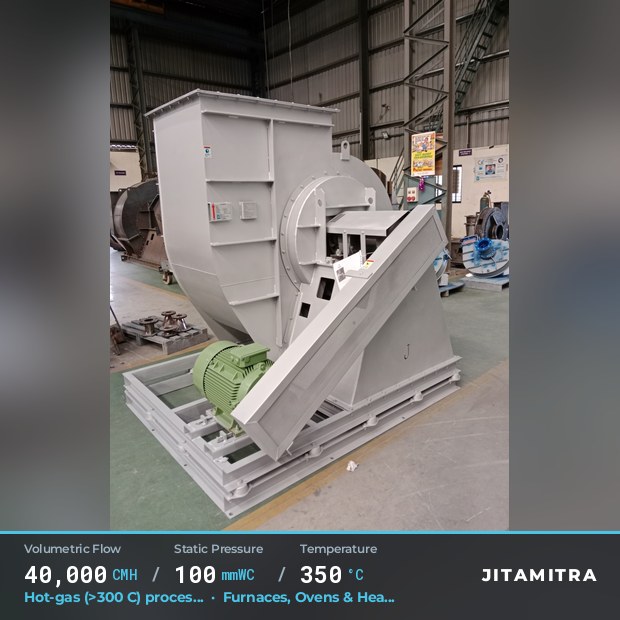 Backward-curved fan built by Jitamitra for combustion and process air, 40,000 CMH at 100 mmWC and 350 °C