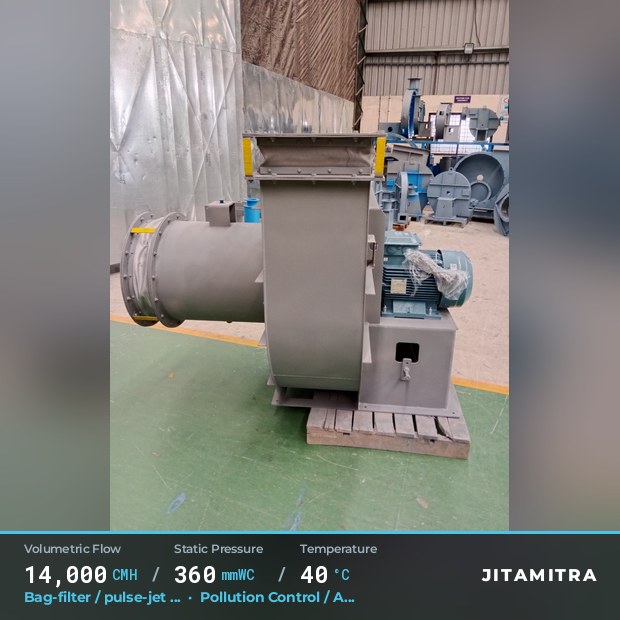 Backward-curved fan built by Jitamitra for bag-filter draught in pollution control OEMs, 14,000 CMH at 360 mmWC and 40 °C
