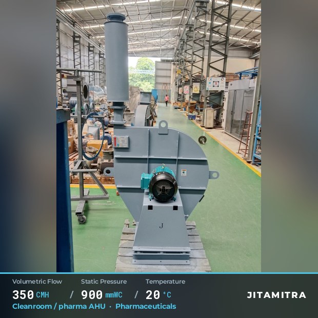 Backward-curved fan built by Jitamitra for cleanroom and pharma AHUs in pharmaceutical plants, 350 CMH at 900 mmWC and 20 °C