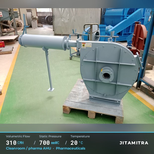 Backward-curved fan built by Jitamitra for cleanroom and pharma AHUs in pharmaceutical plants, 310 CMH at 700 mmWC and 20 °C