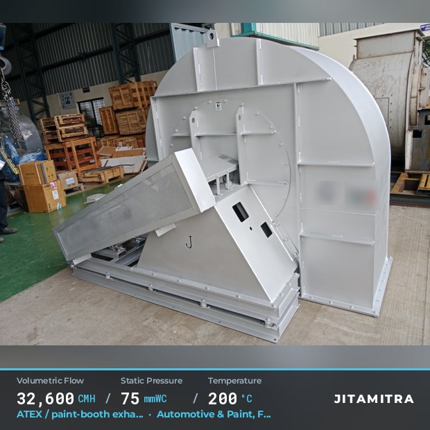 Backward-curved fan built by Jitamitra for ATEX paint-booth exhaust, 32,600 CMH at 75 mmWC and 200 °C