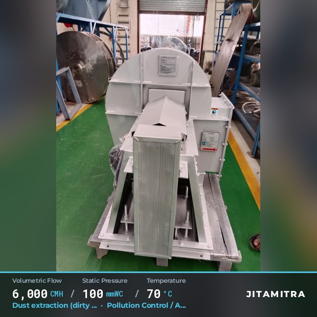Backward-curved fan built by Jitamitra for dust extraction in pollution control OEMs, 6,000 CMH at 100 mmWC and 70 °C