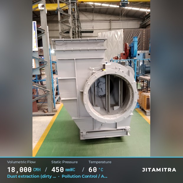 Backward-curved fan built by Jitamitra for dust extraction in pollution control OEMs, 18,000 CMH at 450 mmWC and 60 °C