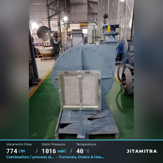 Backward-curved fan built by Jitamitra for combustion and process air, 774 CMH at 1,016 mmWC and 40 °C