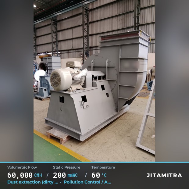 Backward-curved fan built by Jitamitra for dust extraction in pollution control OEMs, 60,000 CMH at 200 mmWC and 60 °C