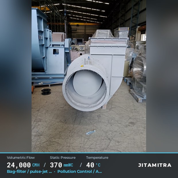 Backward-curved fan built by Jitamitra for bag-filter draught in pollution control OEMs, 24,000 CMH at 370 mmWC and 40 °C