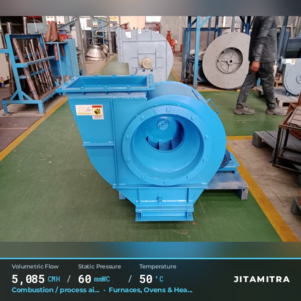 Backward-curved fan built by Jitamitra for combustion and process air, 5,085 CMH at 60 mmWC and 50 °C