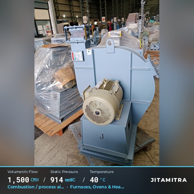 Backward-curved fan built by Jitamitra for combustion and process air, 1,500 CMH at 914 mmWC and 40 °C