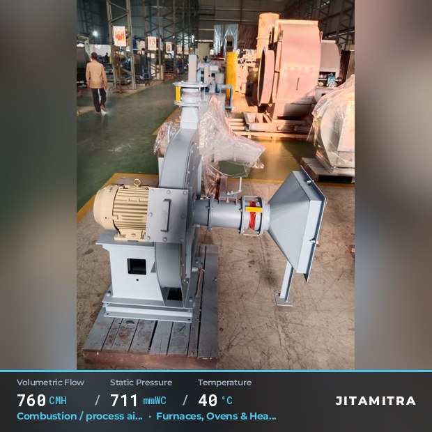 Backward-curved fan built by Jitamitra for combustion and process air, 760 CMH at 711 mmWC and 40 °C