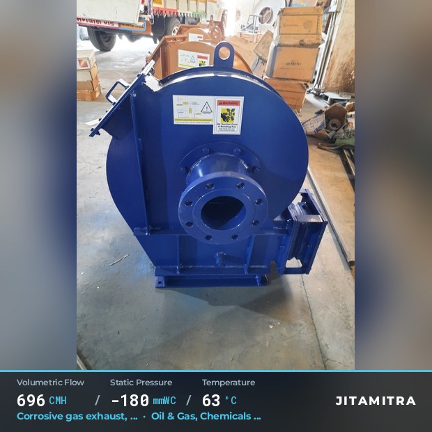 Backward-curved plate fan built by Jitamitra for corrosive gas exhaust in oil and gas, 696 CMH at 180 mmWC and 63 °C