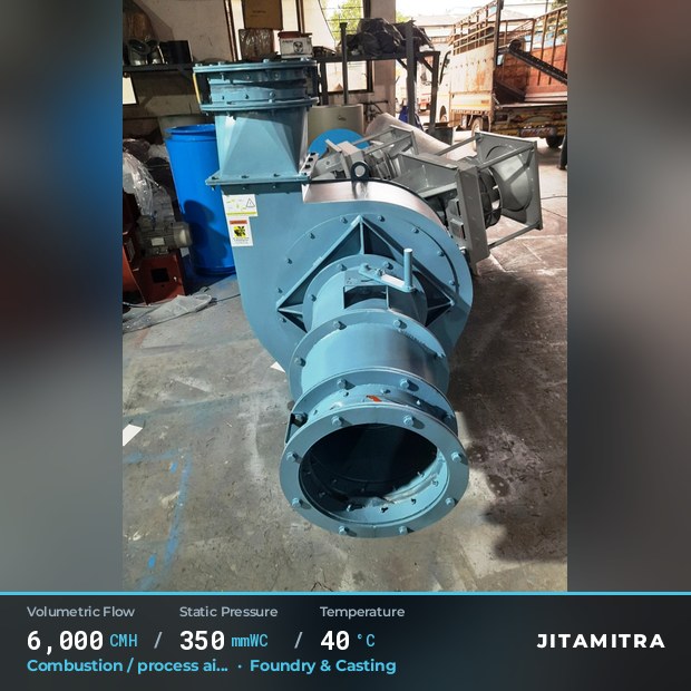 Backward-curved plate fan built by Jitamitra for combustion and process air, 6,000 CMH at 350 mmWC and 40 °C