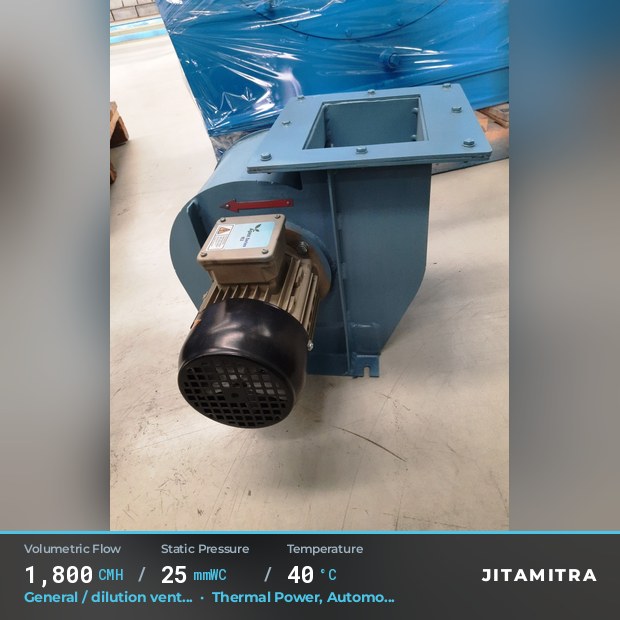 Backward-curved plate fan built by Jitamitra for dilution ventilation in thermal power plants, 1,800 CMH at 25 mmWC and 40 °C