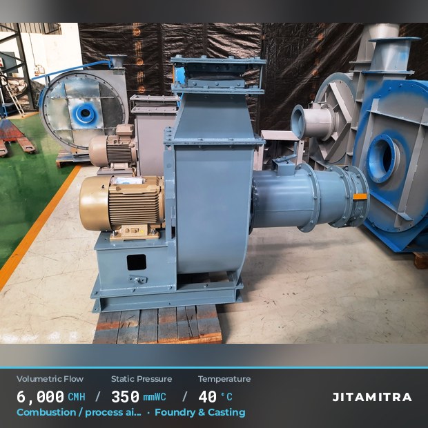 Backward-curved plate fan built by Jitamitra for combustion and process air, 6,000 CMH at 350 mmWC and 40 °C