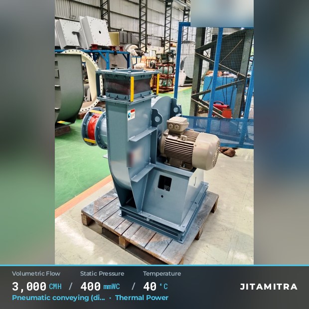 Backward-curved plate fan built by Jitamitra for pneumatic conveying in thermal power plants, 3,000 CMH at 400 mmWC and 40 °C