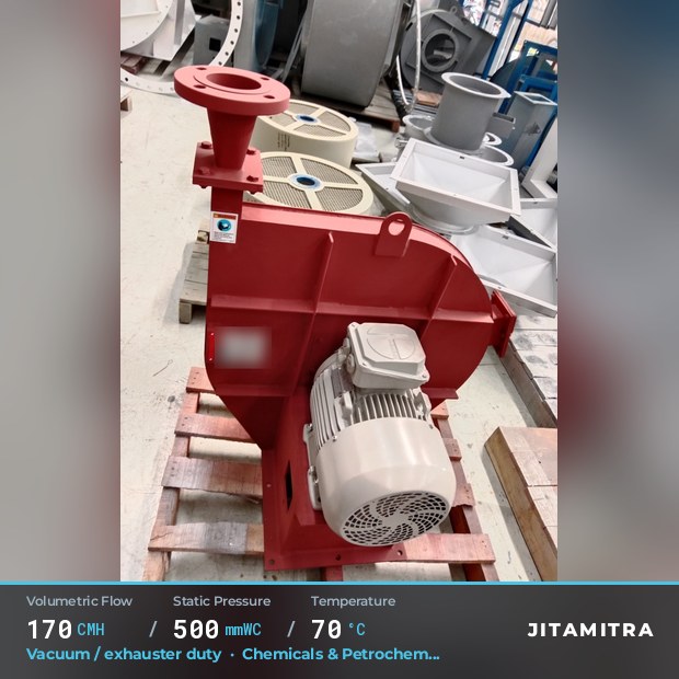 Backward-curved plate fan built by Jitamitra for vacuum and exhauster duty, 170 CMH at 500 mmWC and 70 °C