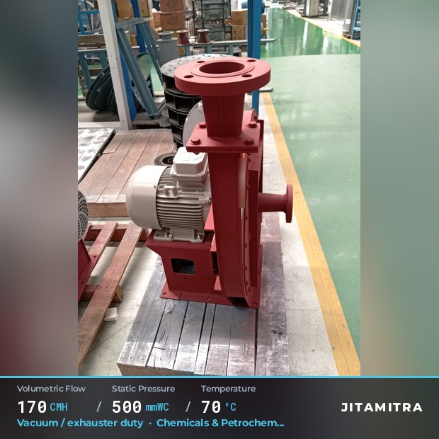 Backward-curved plate fan built by Jitamitra for vacuum and exhauster duty, 170 CMH at 500 mmWC and 70 °C