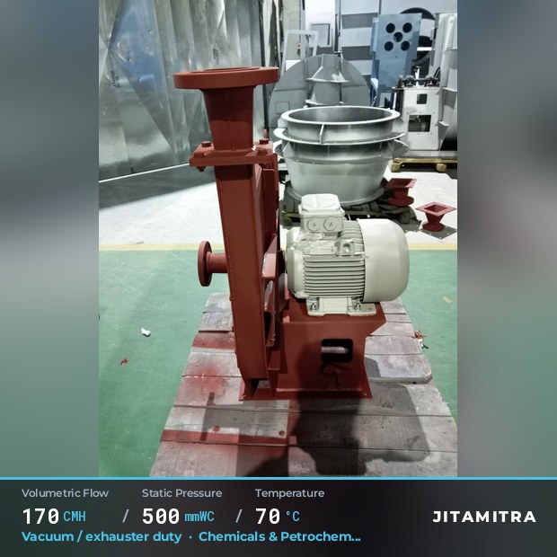 Backward-curved plate fan built by Jitamitra for vacuum and exhauster duty, 170 CMH at 500 mmWC and 70 °C