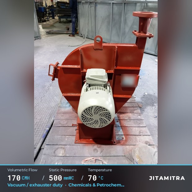Backward-curved plate fan built by Jitamitra for vacuum and exhauster duty, 170 CMH at 500 mmWC and 70 °C