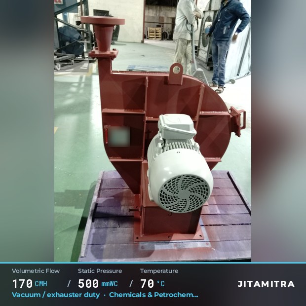 Backward-curved plate fan built by Jitamitra for vacuum and exhauster duty, 170 CMH at 500 mmWC and 70 °C