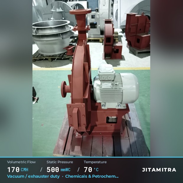 Backward-curved plate fan built by Jitamitra for vacuum and exhauster duty, 170 CMH at 500 mmWC and 70 °C