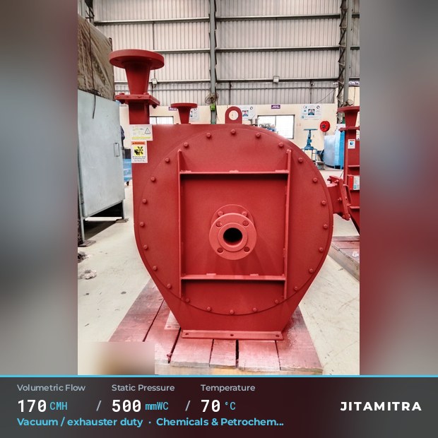 Backward-curved plate fan built by Jitamitra for vacuum and exhauster duty, 170 CMH at 500 mmWC and 70 °C