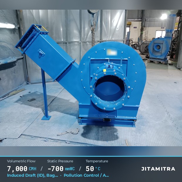 Backward-curved plate fan built by Jitamitra for induced draught in pollution control OEMs, 7,000 CMH at 700 mmWC and 50 °C