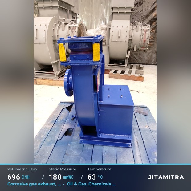 Backward-curved plate fan built by Jitamitra for corrosive gas exhaust in oil and gas, 696 CMH at 180 mmWC and 63 °C