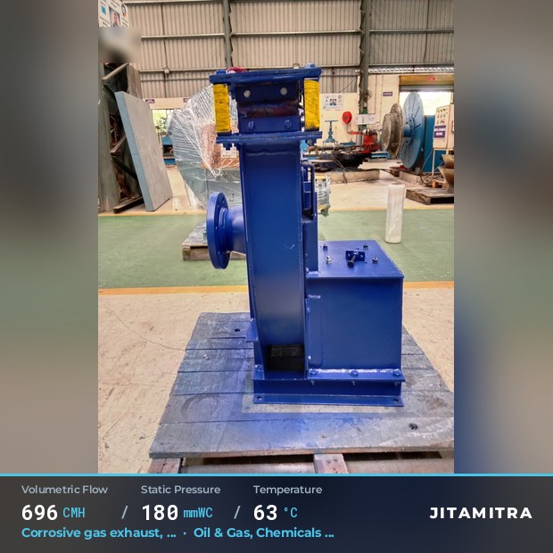 Backward-curved plate fan built by Jitamitra for corrosive gas exhaust in oil and gas, 696 CMH at 180 mmWC and 63 °C