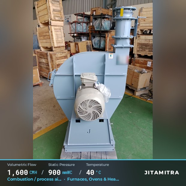 Backward-curved plate fan built by Jitamitra for combustion and process air, 1,600 CMH at 900 mmWC and 40 °C