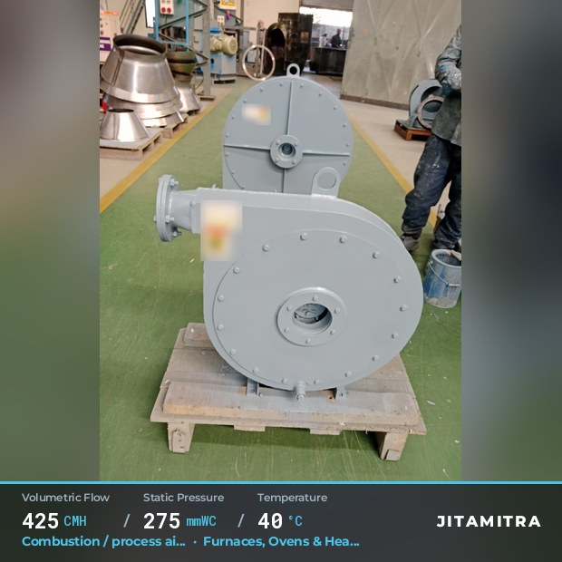 Backward-curved plate fan built by Jitamitra for combustion and process air, 425 CMH at 275 mmWC and 40 °C
