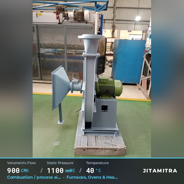 Backward-curved plate fan built by Jitamitra for combustion and process air, 900 CMH at 1,100 mmWC and 40 °C