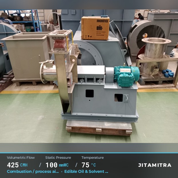 Backward-curved plate fan built by Jitamitra for combustion and process air, 425 CMH at 100 mmWC and 75 °C