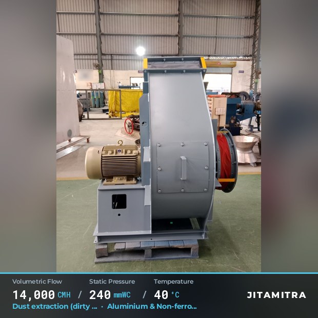 Backward-curved plate fan built by Jitamitra for dust extraction, 14,000 CMH at 240 mmWC and 40 °C