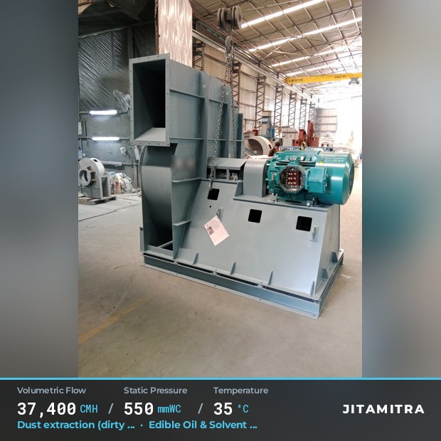 Backward-curved plate fan built by Jitamitra for dust extraction, 37,400 CMH at 550 mmWC and 35 °C