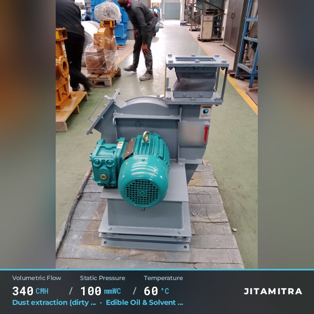 Backward-curved plate fan built by Jitamitra for dust extraction, 340 CMH at 100 mmWC and 60 °C
